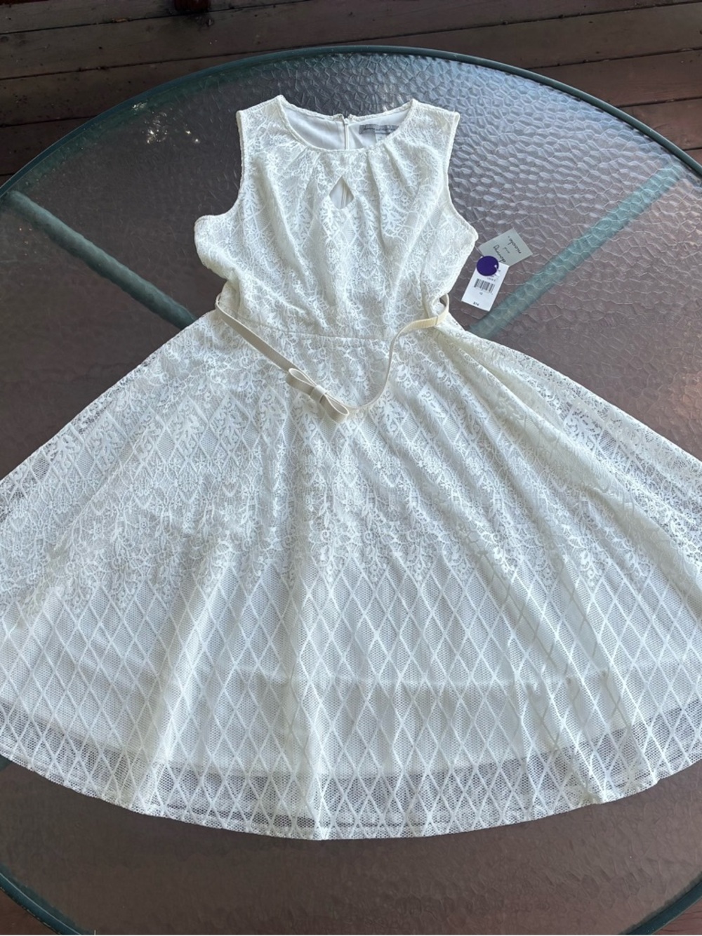 Danny & Nicole Ivory Lace Fit-and-Flare Dress with Ribbon